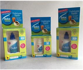 Dulce Gota - Endulzante Líquido, Dulce Gota es un endulzante, sustituto del azúcar; cero calorías, cero carbohidratos y cero azúcar. Lo único que aporta es dulzor. A diferencia de otros sustitutos del azúcar, Dulce Gota no contiene ni Aspartame ni Sacarina. El ingrediente principal es la Sucralosa. Es apto para personas de toda edad, mujeres embarazadas, niños y diabéticos.

Por ser líquido, la dosificación es exacta, además de que su presentación de 10ml es fácil de llevar. Otra de las importantes características, si no la mejor, es su exquisito sabor. Dulce Gota no tiene sabor residual amargo ni metálico. Puede ser usado para hornear o congelar, ya que no sufre ningún tipo de alteración con altas o bajas temperaturas. Ideal para complemento de todas las dietas y tratamientos de obesidad.
Dulce Gota está compuesto principalmente de SUCRALOSA, el único endulzante cero calorías que se fabrica a partir del azúcar. 